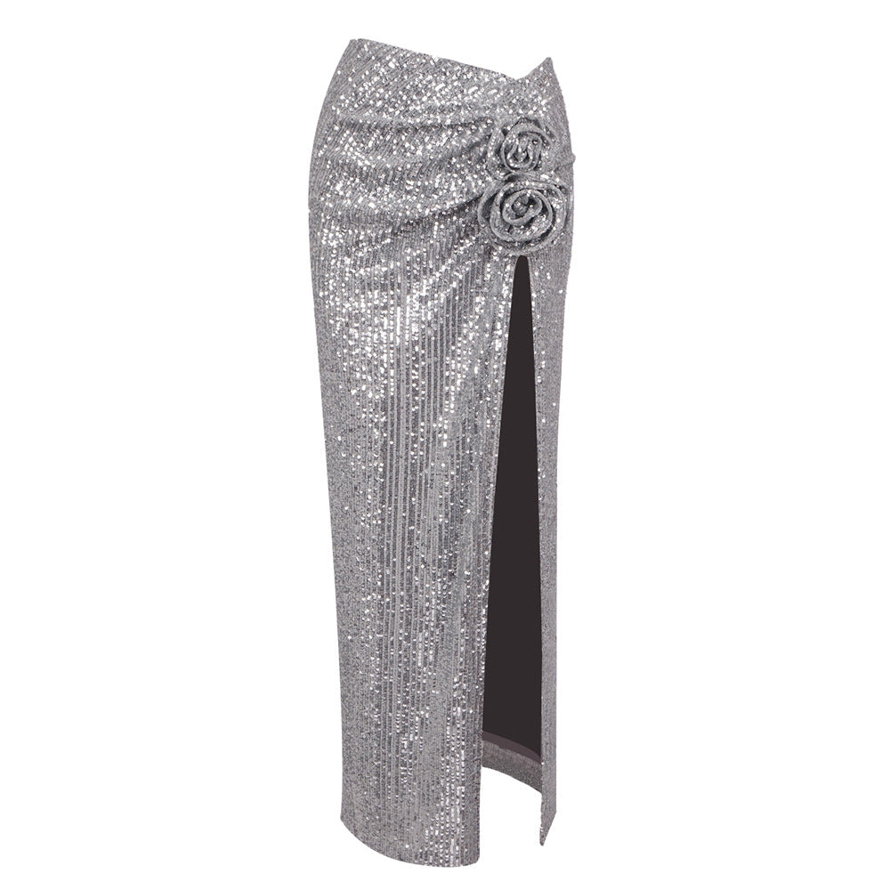 LOVEVOP popular autumn new silver sexy dress shiny long dress  New large size  sequined skirt