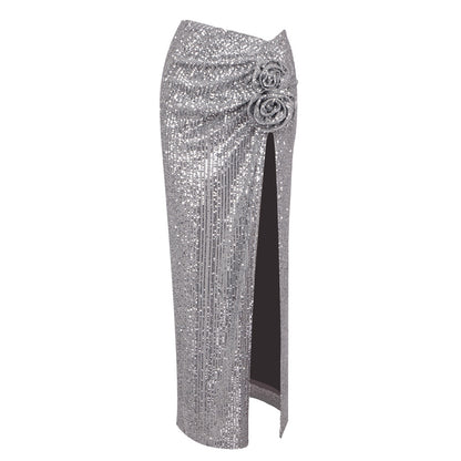 LOVEVOP popular autumn new silver sexy dress shiny long dress  New large size  sequined skirt