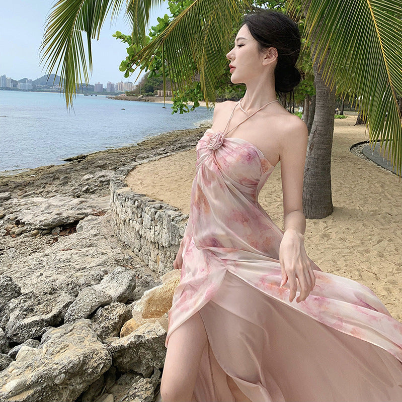 2025 floral neck super fairy atmosphere holiday style dress sexy backless seaside beach photo long dress woman