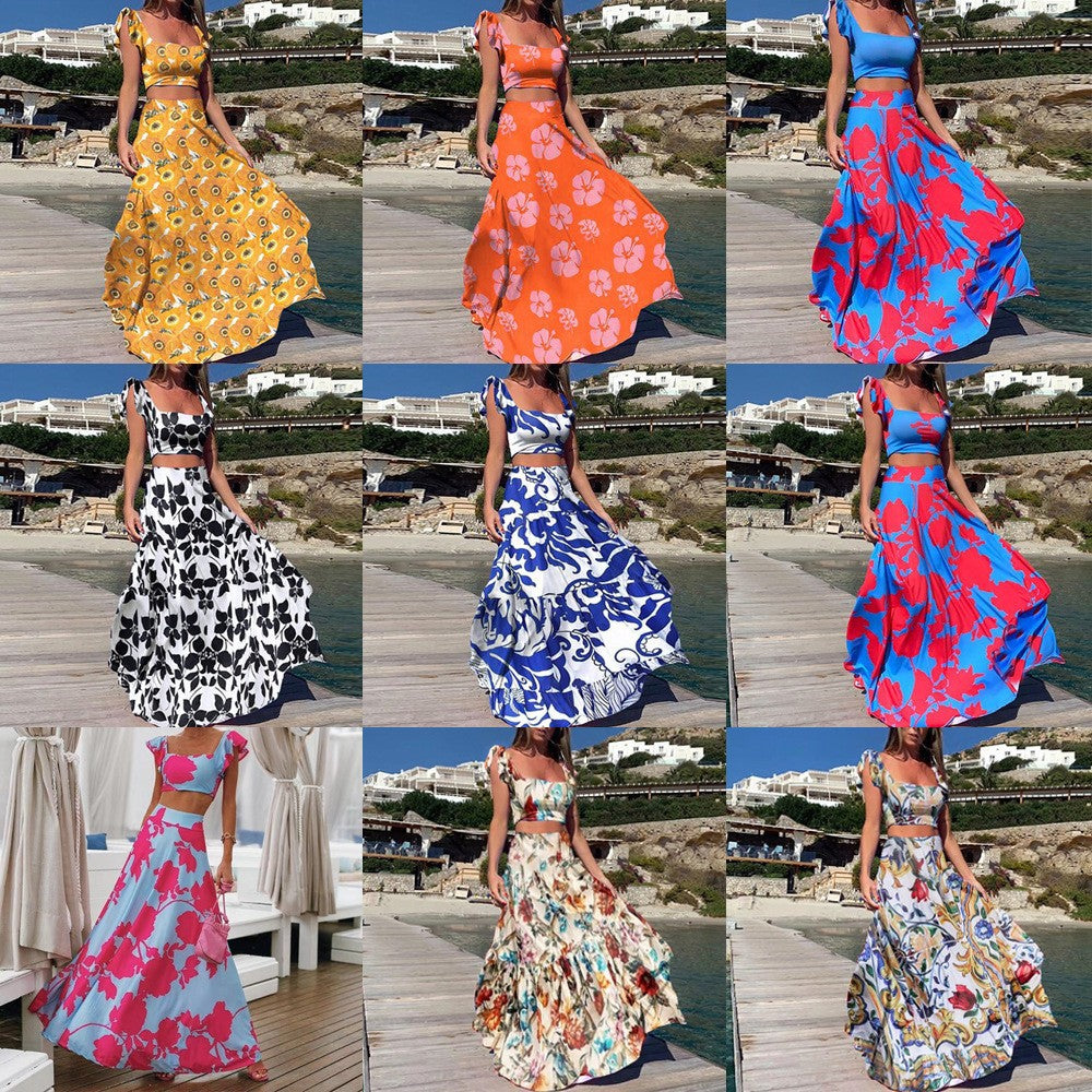 2025 Cross-border Summer New Popular and 2025 New Women's Clothing Bohemian Sexy Printed Sleeveless Dress Two-piece Set