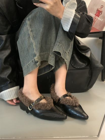 2025  Evening breeze temperament velvet Mary Jane shoes pointed inner height increase wool shoes warm and comfortable small leather shoes