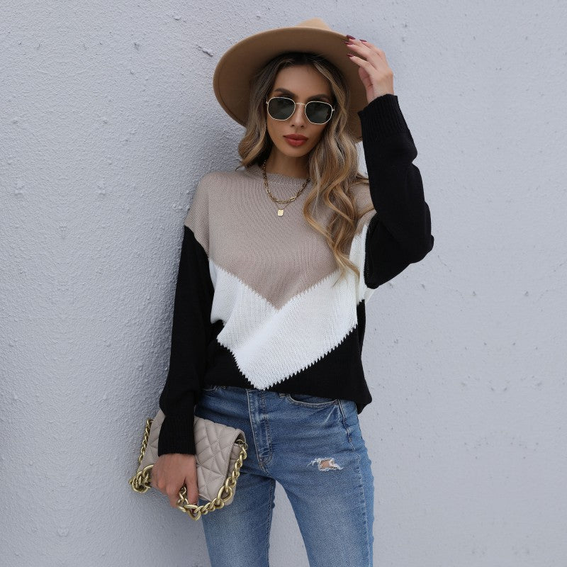 LOVEVOP Autumn New popular 2025 Color Matching Crew Neck Long Sleeve Knitted Bottom Shirt Pullover Women's Top