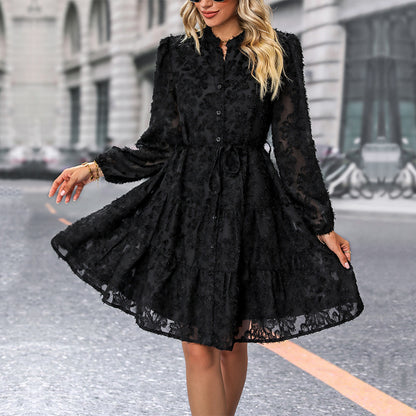 LOVEVOP New Hot Trade Black Skirt Hot Autumn New 2025 Jacquard Long Sleeve Cross-border Dress