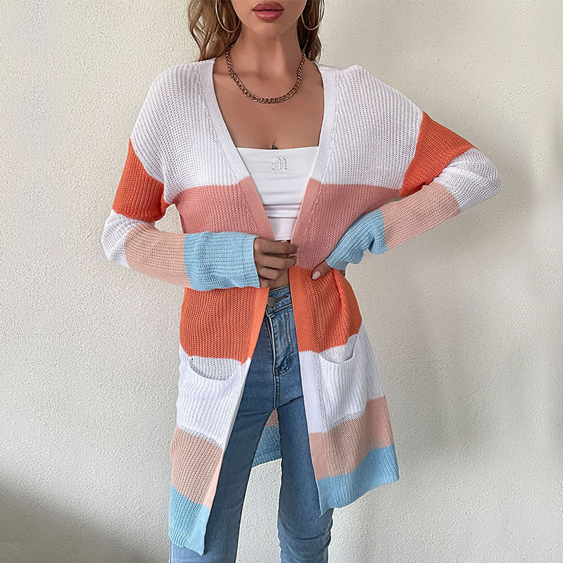 LOVEVOP trade women's clothing Hot new early autumn medium and long sweater jacket Japanese striped knitted cardigan