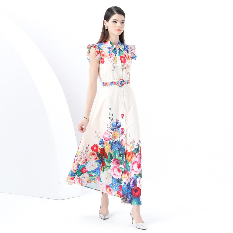 spring new retro court style small flying sleeves waist lapel single-breasted cardigan printed long dress