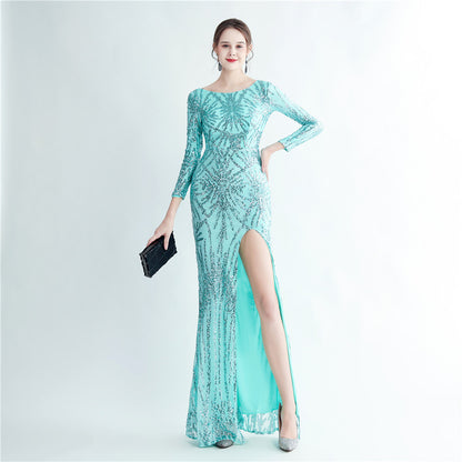 19966 #Hot trade 2025 new sequined long-sleeved split high-end evening dress
