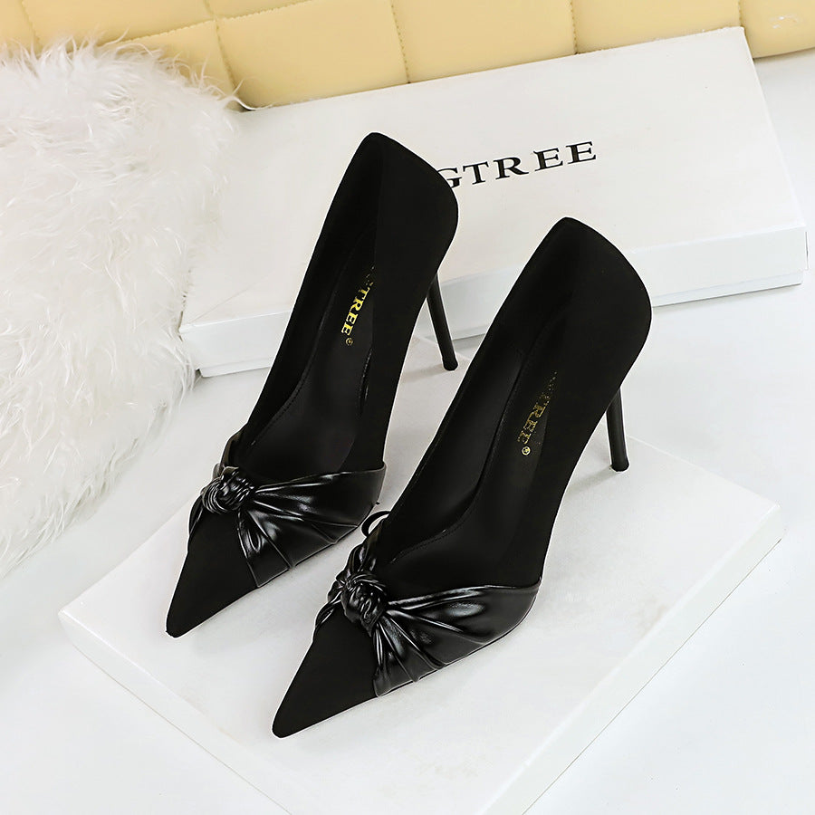 2025 3739-1 Korean version of fashion pedicure, delicate and thin, thin heels, high heels, shallow mouth, pointed bow, single shoes, women's high heels