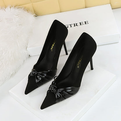 2025 3739-1 Korean version of fashion pedicure, delicate and thin, thin heels, high heels, shallow mouth, pointed bow, single shoes, women's high heels