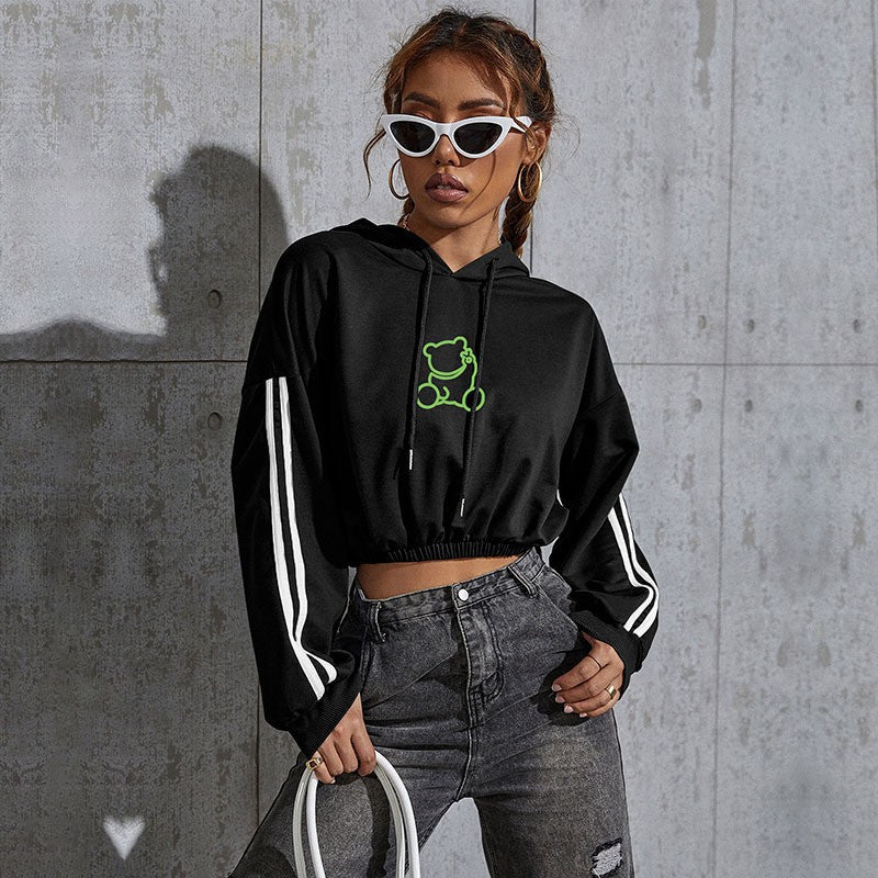 LOVEVOP 2025 autumn and winter sports hoodie women's popular new solid color casual short BM wind striped hooded sweater