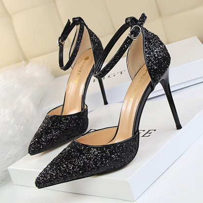 2025 283-A1  sexy nightclub women's shoes high heel shallow mouth pointed metal thin heel with sequined hollow sandals
