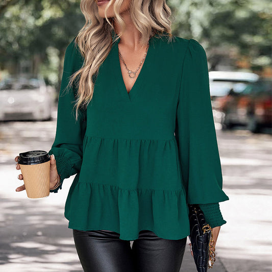 LOVEVOP Cross-border  Hot new women's shirt ruffle edge top V-neck shirt autumn popular solid color women