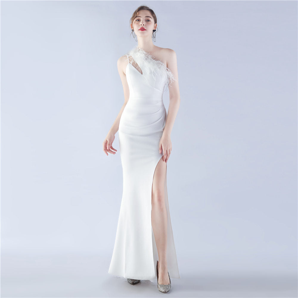 31358 #Hot trade new popular craft order ostrich hair banquet performance satin long evening dress