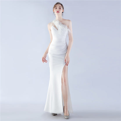 31358 #Hot trade new popular craft order ostrich hair banquet performance satin long evening dress
