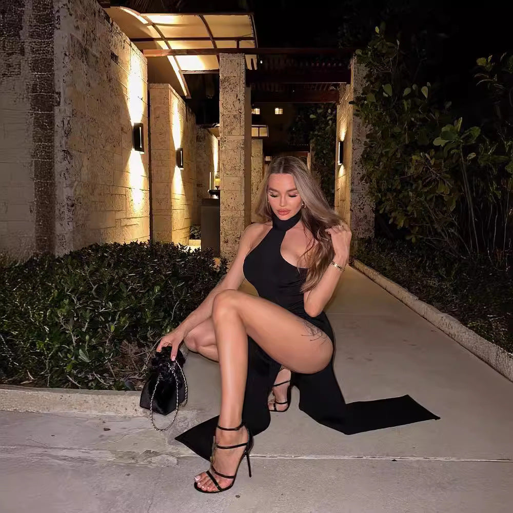 LOVEVOP Summer women's clothing black high split neck dress on both sides  Popular trade long dress Spice girl knitted dress