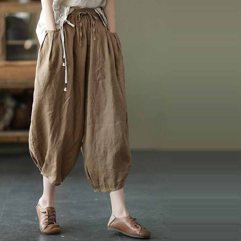summer new Korean version of Popular style solid color simple large size loose and thin casual versatile nine-point Harlan pants women