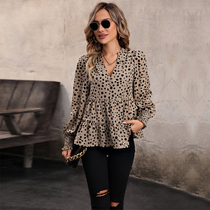 LOVEVOP cross-border Hot autumn explosion spotted shirt women's khaki ruffle edge V-neck women's top wholesale