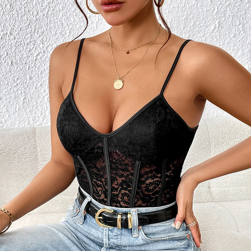 LOVEVOP Summer suspender lace onesie  2025 2025 trade fashion women's sleeveless fishbone tube top onesie