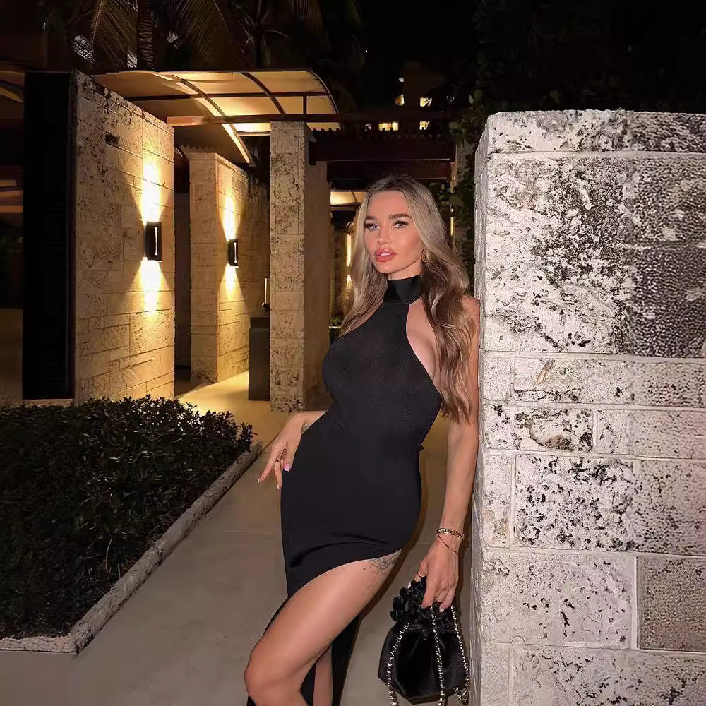 LOVEVOP Summer women's clothing black high split neck dress on both sides  Popular trade long dress Spice girl knitted dress