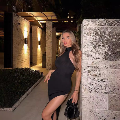 LOVEVOP Summer women's clothing black high split neck dress on both sides  Popular trade long dress Spice girl knitted dress