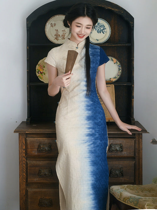 Republic of China style women's clothing new Chinese style beautiful cheongsam women daily can wear elegant gradual change blue retro cotton and linen dress