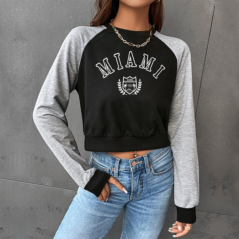 LOVEVOP popular new spring leisure sports college style 2025 color matching short navel round neck letter pullover sweater women