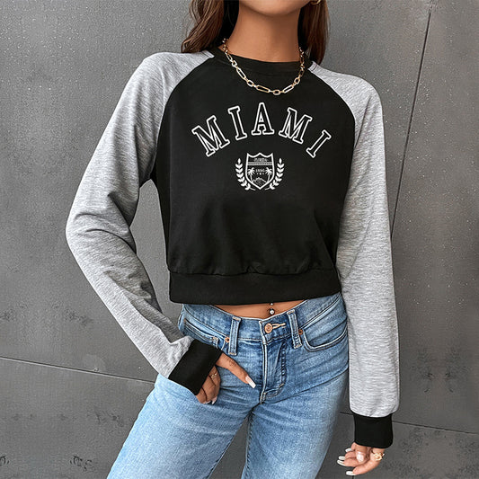 LOVEVOP popular new spring leisure sports college style 2025 color matching short navel round neck letter pullover sweater women