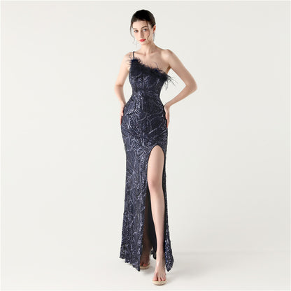 33328 #2025 new sequined evening dress heavy industry stapled beads oblique collar shoulder high split evening dress
