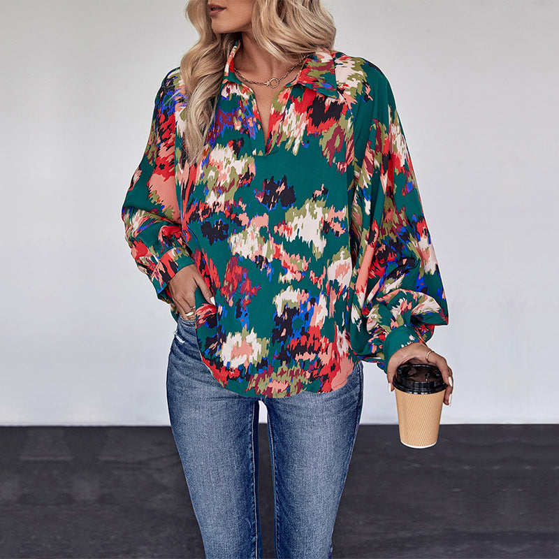 LOVEVOP Hot Trade Hot Autumn New Shirt Casual Flower Shirt Lapel Long Sleeve Top Button Printed Shirt