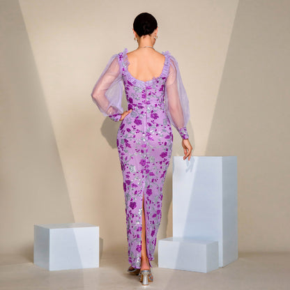 2025 long-sleeved temperament V-neck sexy hollow long sequined banquet evening dress bridesmaid dress women