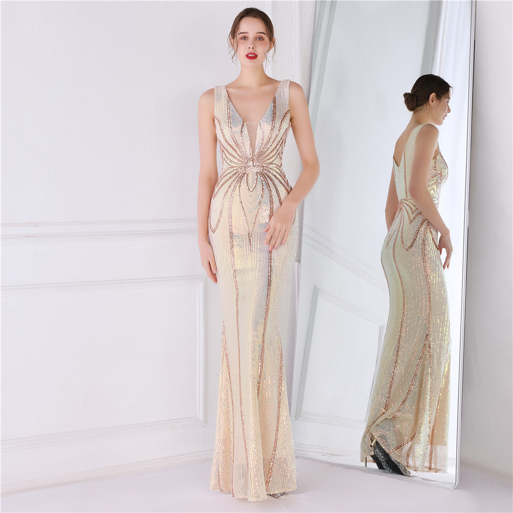 19025 #Positioning flower bead banquet elegant long sleeveless sequin aura queen fishtail skirt slim fishtail skirt