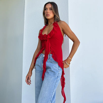 LOVEVOP Europe and the United States cross-border Hot summer new mesh yarn streamer hanging neck thin belt sexy small vest foreign trade wholesale women's clothing