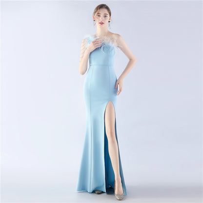 31367 #Hot trade new popular craft beaded ostrich hair satin long evening dress