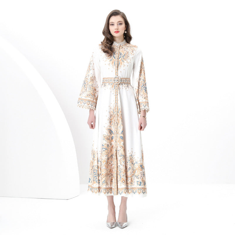 Spring and autumn new court style retro printing long-sleeved waist pendulum long dress fashionable single-breasted stand-up collar dress