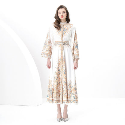 Spring and autumn new court style retro printing long-sleeved waist pendulum long dress fashionable single-breasted stand-up collar dress