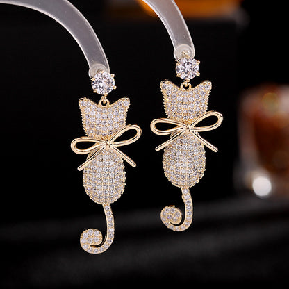 2025 Korean color zircon earrings women's wholesale 925 silver needle personalized animal earrings cute bow cat earrings