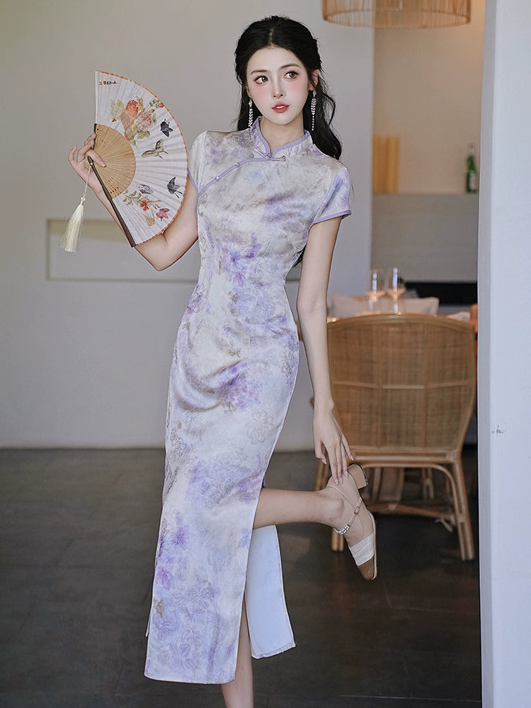 New Chinese jacquard purple cheongsam high-end atmosphere high-grade temperament smudge dress women's summer cold long skirt