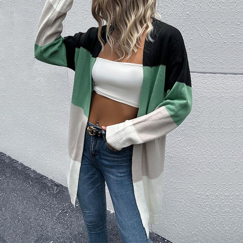 LOVEVOP New New Autumn and Winter  2025 Fashion Women's Clothing Long Sleeve Color Matching Sweater Cardigan Jacket Women