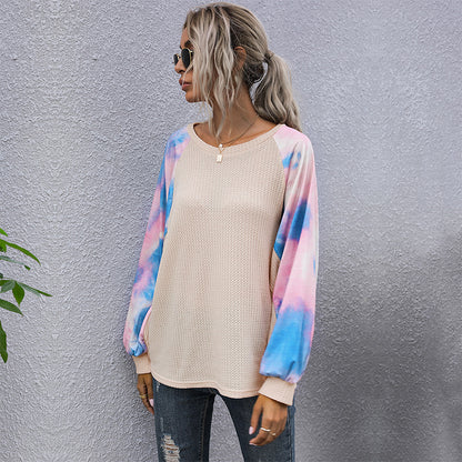 LOVEVOP New Popular, 2025 and popular new waffle bottoming long-sleeved shirt tie-dye round neck splicing pullover T-shirt women