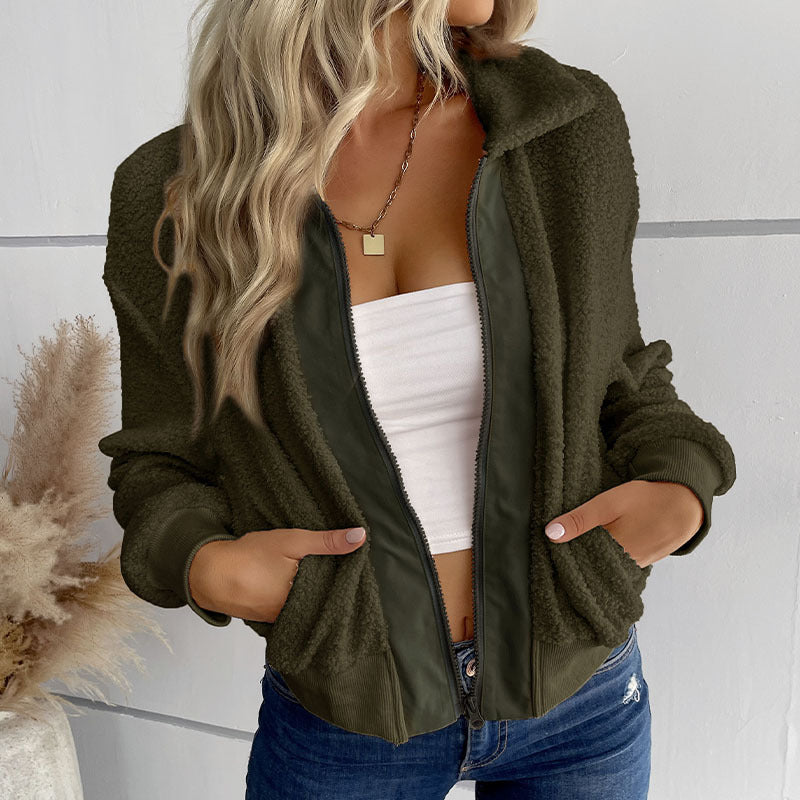 LOVEVOP women's clothing Hot autumn and winter new 2025  trade lamb wool cardigan lapel zipper jacket