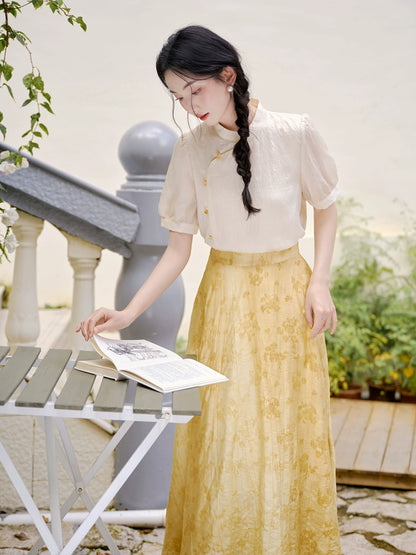 New Chinese national style set Chinese cheongsam small retro bubble sleeve top with jacquard skirt set