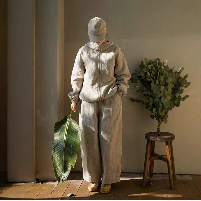 spring and summer new literary and retro solid color simple cotton and linen hooded jacket trench coat bat sleeve blouse anti-sun