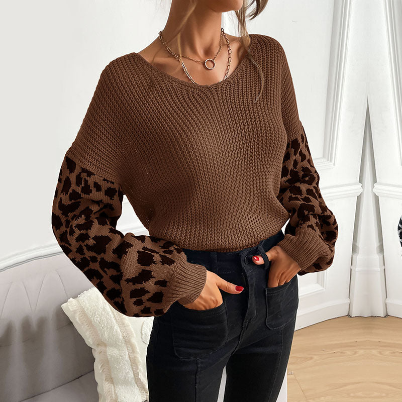 LOVEVOP Popular trade autumn and winter popular new V-neck knitted pullover top loose and lazy leopard print splicing sweater women