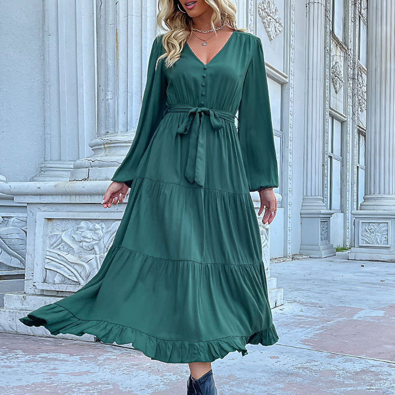 LOVEVOP Hot autumn and winter new  independent station cross-border 2025 foreign trade women's long-sleeved pleated splicing dress