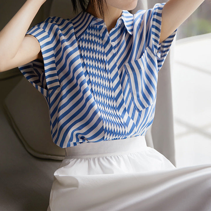 2025 Muse high-end silk shirt, women's striped shirt  women's clothing summer new short-sleeved top