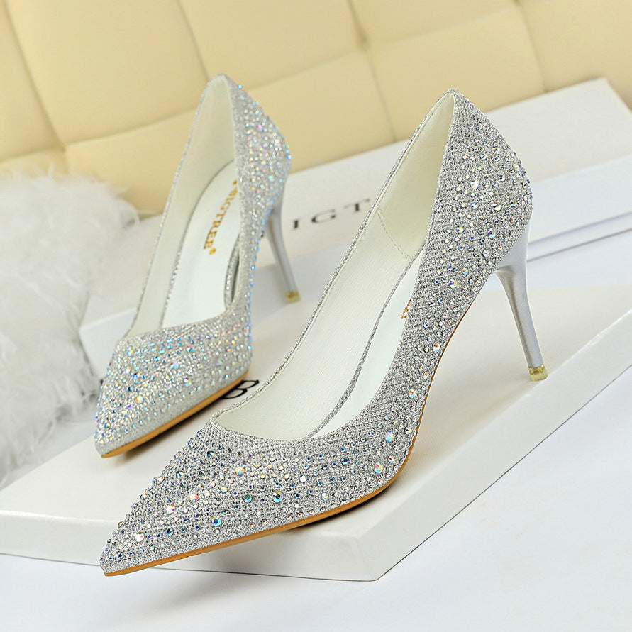 2025 9219-A22 Korean version of fashion wedding shoes, high heels, stiletto heels, shallow mouth, pointed head, sexy banquet rhinestone shoes