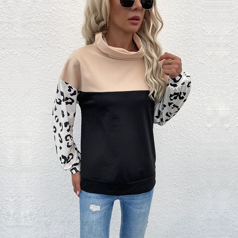 LOVEVOP New Cross-border popular autumn and winter new products 2025 casual tops leopard print color matching long-sleeved turtleneck sweater