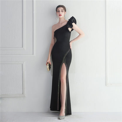 19721 #Cross-border spot single shoulder diagonal collar ruffle edge decoration bridesmaid car model long evening dress