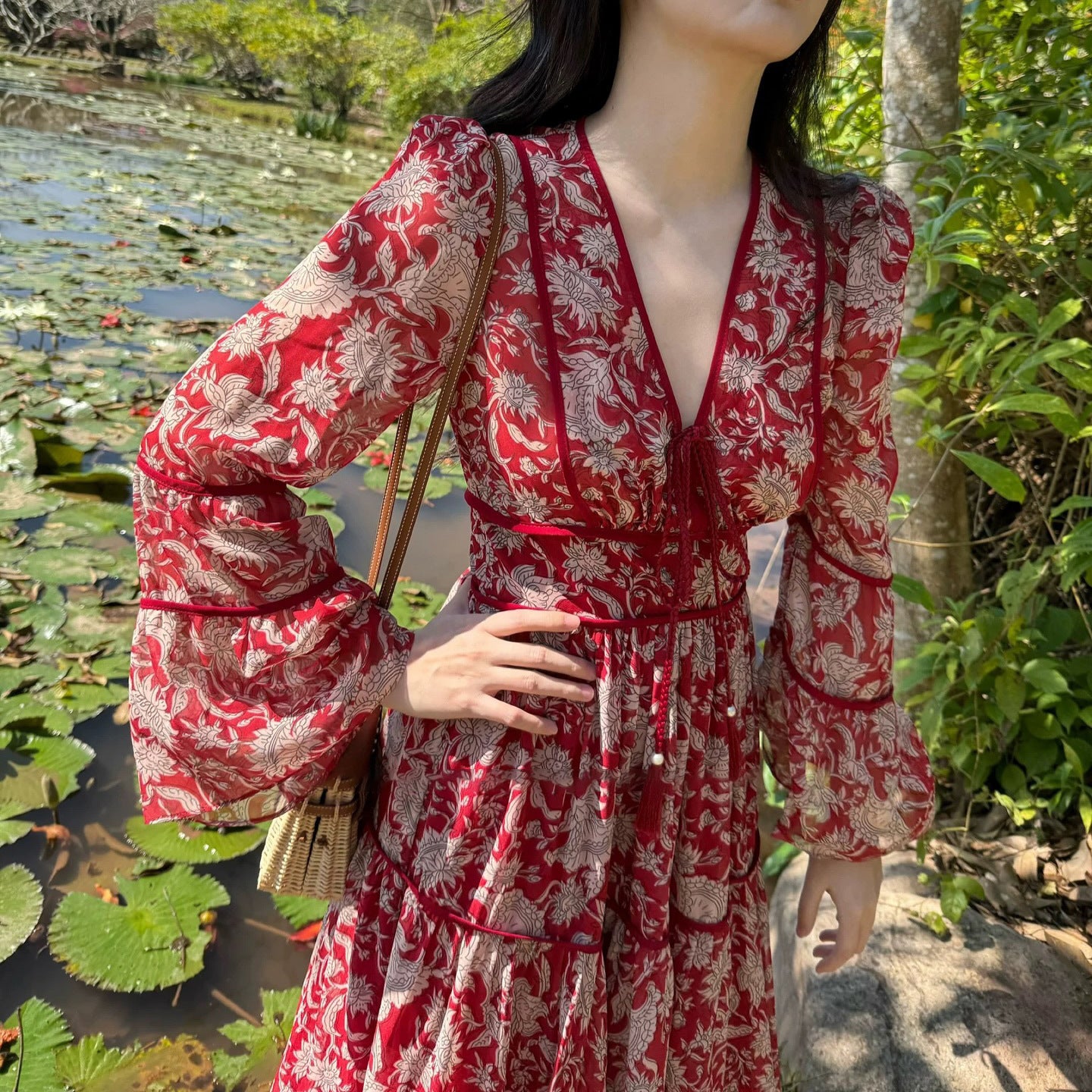 2025 Ethnic style red printed dress  niche waist a-shaped long skirt