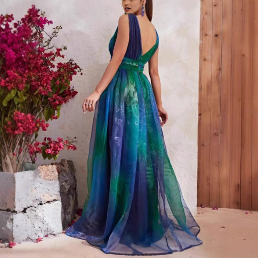 LOVEVOP 2025 popular  Popular trade women's summer new women's clothing ebay deep V backless printed chiffon pendulum dress