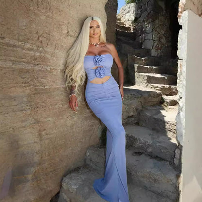 LOVEVOP popular  blue-purple mesh elegant three-dimensional flower dress women's fashion evening dress wholesale tube top skirt